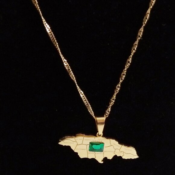 Jamaica Map Pendant Necklace Gold Tone with Green Stone - Picture 7 of 7
